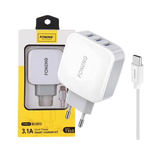 Adaptador Carregador Rápido Foneng T310 com Tipo C Cabo 3 USB 3,1A Branco